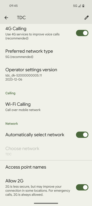 Scroll to and select Access point names