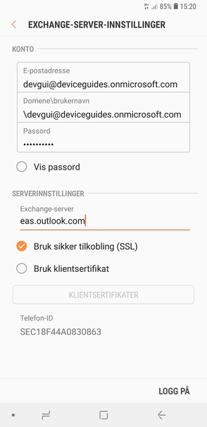 Skriv inn Brukernavn og Exchange serveradresse. Velg LOGG PÅ