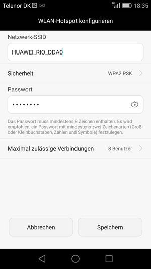 Geben Sie eine WLAN-Hotspot-Passwort mit mindestens 8 Zeichen ein und wählen Sie Speichern