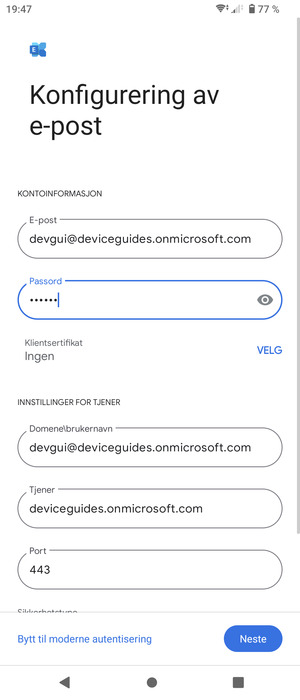 Skriv inn Brukernavn og Exchange serveradresse. Velg Neste