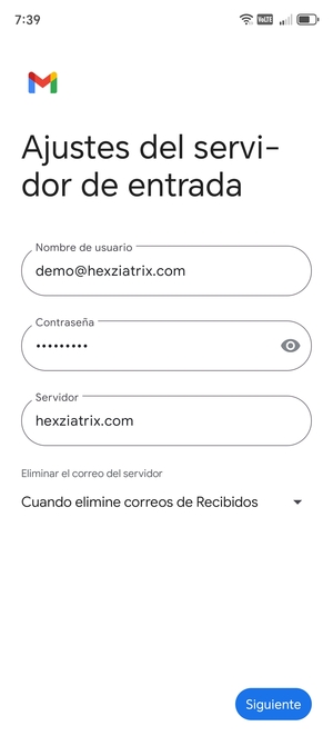 Introduzca Nombre de usuario y la dirección de servidor entrante. Seleccione Siguiente