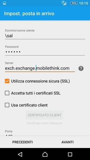Inserisci Nome utente e l'indirizzo del server Exchange. Seleziona AVANTI