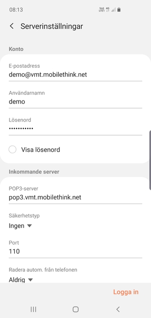 Ange Användarnamn och inkommande serveradress