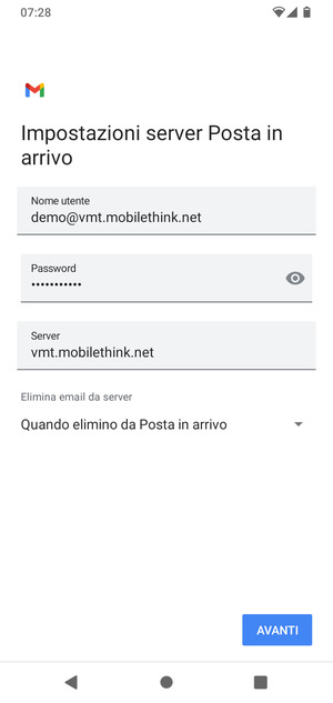 Inserisci Nome utente e l'indirizzo del server di posta in arrivo. Seleziona AVANTI