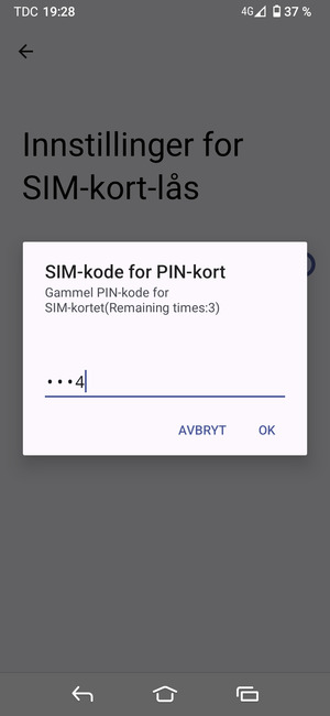 Skriv inn Gammel PIN-kode for SIM-kort og velg OK