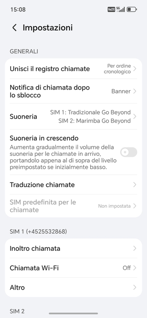 Scorri fino a SIM 1 o SIM 2 e seleziona Altro