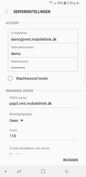 Voer Gebruikersnaam en binnenkomend serveradres in