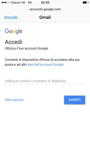 Inserisci il tuo indirizzo Gmail e seleziona AVANTI