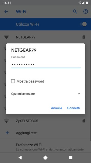 Inserisci la password del Wi-Fi e seleziona Connetti