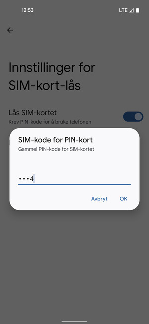 Skriv inn Gammel PIN-kode for SIM-kort og velg OK