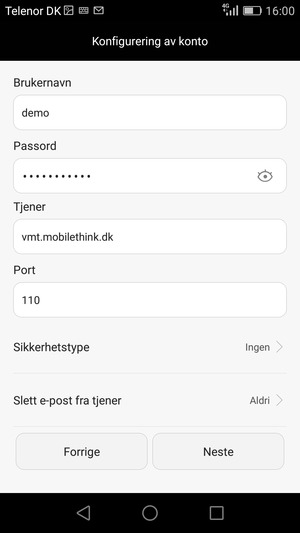 Skriv inn Brukernavn og innkommende serveradresse. Velg Neste