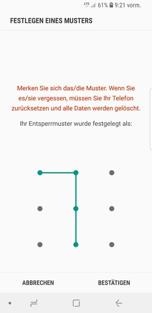 Zeichnen Sie das Entsperrmuster erneut und wählen Sie BESTÄTIGEN