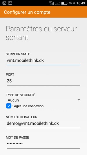 Saisissez l'adresse du serveur sortant