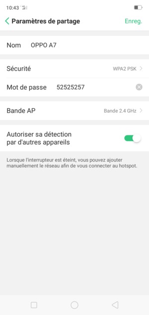 Saisissez un mot de passe de hotspot Wi-Fi d'au moins 8 caractères et sélectionnez Enreg.
