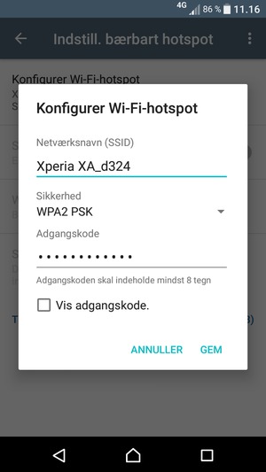 Indtast en Wi-Fi-hotspot adgangskode på minimum 8 tegn og vælg GEM