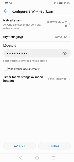 Ange ett lösenord för Wi-Fi-hotspoten, bestående av minst 8 tecken och välj SPARA