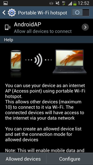 Turn on Portable Wi-Fi hotspot