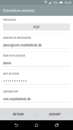 Saisissez votre Nom d'utilisateur et l'adresse du serveur entrant. Sélectionnez SUIVANT