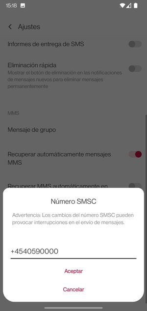 Introduzca el Número SMSC y seleccione ACEPTAR