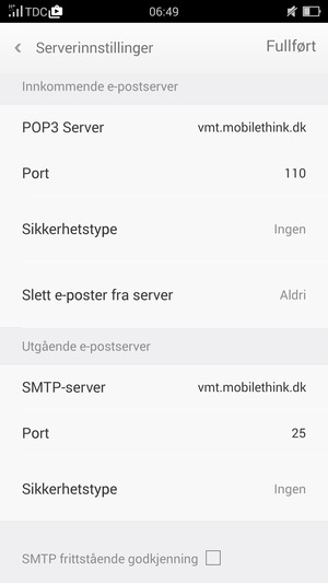 Skriv inn utgående serveradresse og velg Fullført