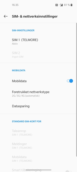 Velg SIM 1 eller SIM 2