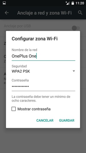 Introduzca una contraseña de punto de acceso Wi-Fi de al menos 8 caracteres y seleccione GUARDAR