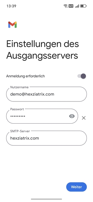 Geben Sie die Server-Adresse für ausgehende Post ein und wählen Sie Weiter
