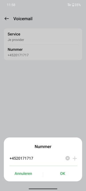 Voer het Voicemailnummer in en selecteer OK
