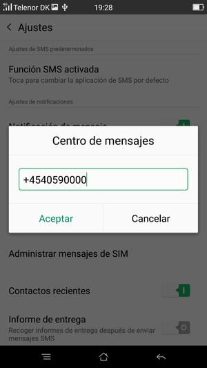 Introduzca el número de Centro de mensajes y seleccione OK