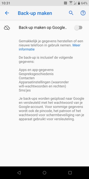 Schakel Back-up maken op Google.. in