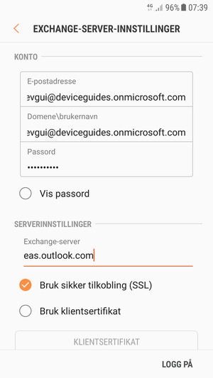 Skriv inn Brukernavn og Exchange serveradresse. Velg LOGG PÅ