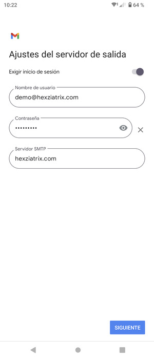 Introduzca la dirección de servidor saliente y seleccione SIGUIENTE