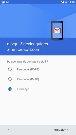 Sélectionnez Exchange puis SUIVANT