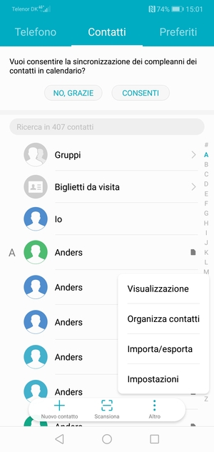 Seleziona Importa/esporta