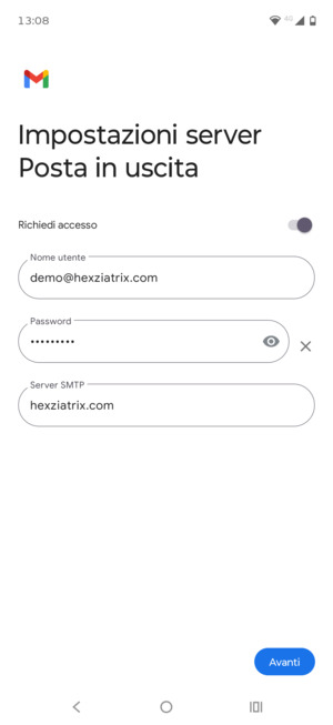 Inserisci l'indirizzo del server di posta in uscita e seleziona Avanti