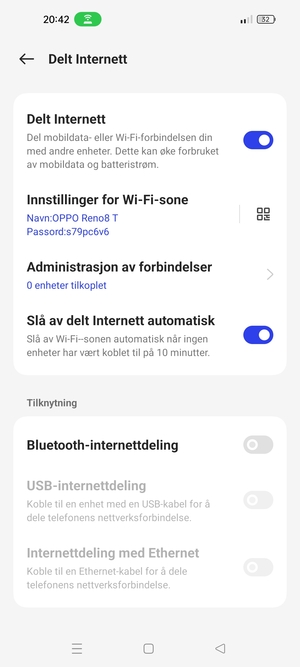 Telefonen din er konfigurert for bruk som et modem