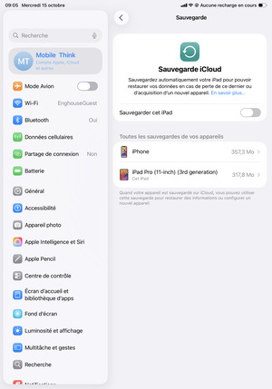 Activer le Sauvegarder cet iPad