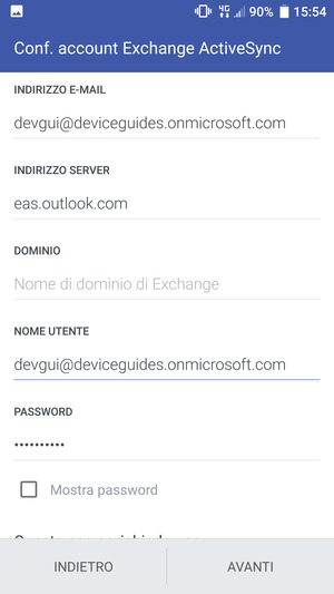 Inserisci l'indirizzo del server Exchange e Nome utente. Seleziona AVANTI