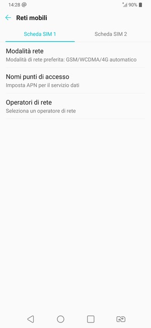 Seleziona Scheda SIM 1 o Scheda SIM 2 e poi Nomi punti di accesso