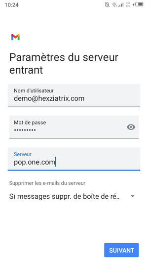 Saisissez votre Nom d'utilisateur et l'adresse du serveur entrant. Sélectionnez SUIVANT
