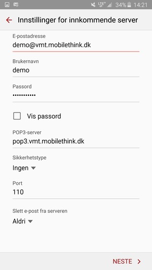 Skriv inn Brukernavn og innkommende serveradresse. Velg NESTE