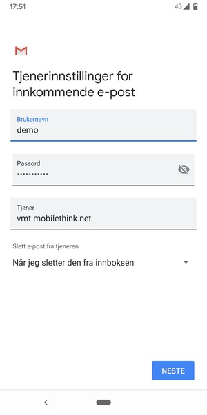 Skriv inn Brukernavn og innkommende serveradresse. Velg NESTE