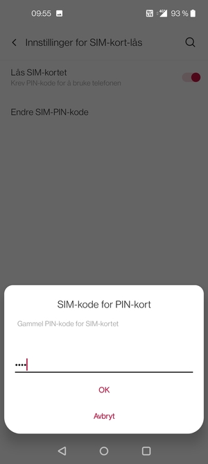 Skriv inn Gammel PIN-kode for SIM-kort og velg OK