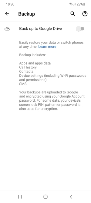 Turn on Back up to Google Drive