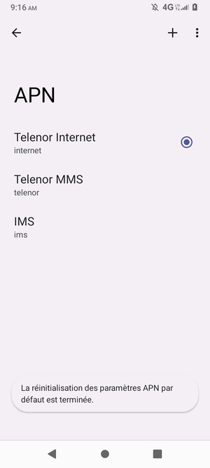 Votre téléphone va être réinitialisé avec les paramètres Internet et MMS par défaut