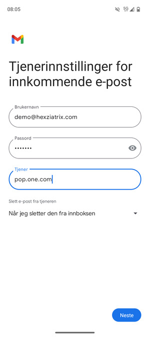 Skriv inn Brukernavn og innkommende serveradresse. Velg Neste