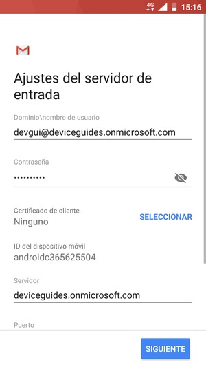 Introduzca Nombre de usuario y la dirección de servidor Exchange. Seleccione SIGUIENTE