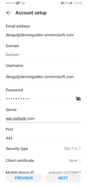 Enter Exchange server address and select NEXT
