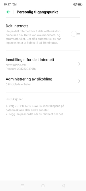 Velg Innstillinger for delt Internett
