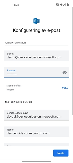 Skriv inn Brukernavn og Exchange serveradresse. Velg Neste